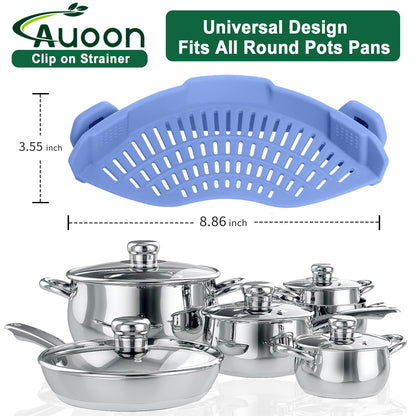 AUOON Clip On Strainer Silicone for All Pots and Pans, Pasta Strainer Clip on Food Strainer for Meat Vegetables Fruit Silicone Kitchen Colander