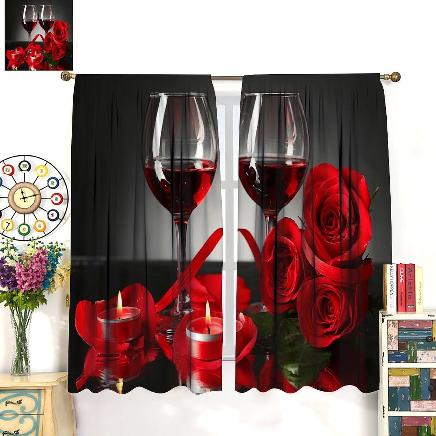 GoDazzling Rose Wine Blackout Curtains, Red Floral Valentine Blossom Romantic Lover Art Printed Window Drapes, for Living Room Bedroom Kitchen 42" W X 45" L