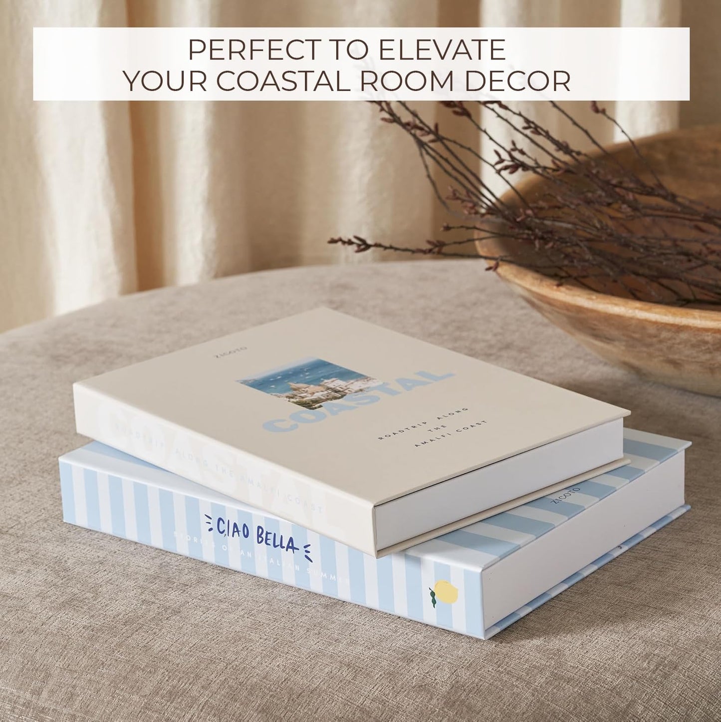 Beautiful Decorative Books - Set of 2 Coastal Room Decor Boxes Enhance Any Coffee Table, Bookshelf or Mantel Shelf - Aesthetic Fake/Faux Books for Modern Home Decoration, Photo Storage/Keepsake Box