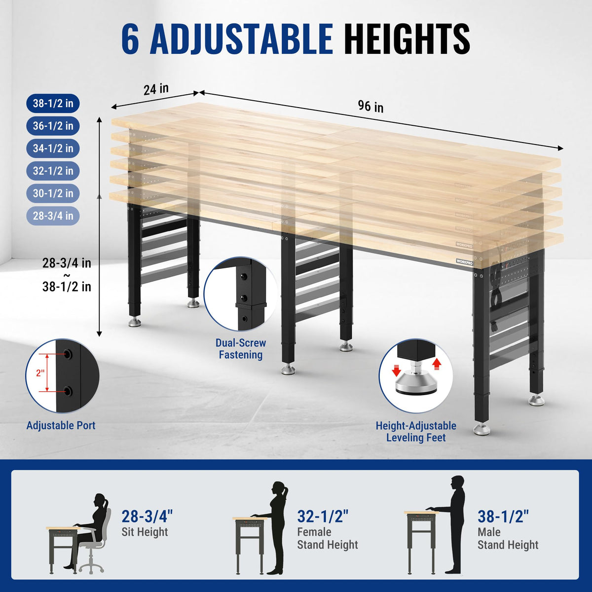 WORKPRO 96x24" Heavy-Duty Adjustable Workbench, 4000LBS Load Capacity Work Table with Power Outlet & Pegboard, Rubber Wood Top Workstation with Leveling Foot for Garage, Workshop