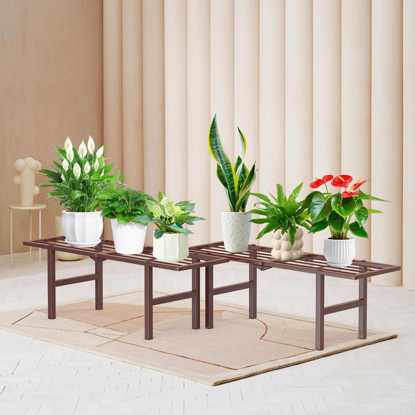 jsyonii 2 Pack Metal Plant Stand Outdoor Indoor, 1 Tier Folding Tiered Flower Plant Shelf, Heavy Duty Ladder Multiple Pot Display Plant Rack for Patio Garden Balcony Windowsills, Brown