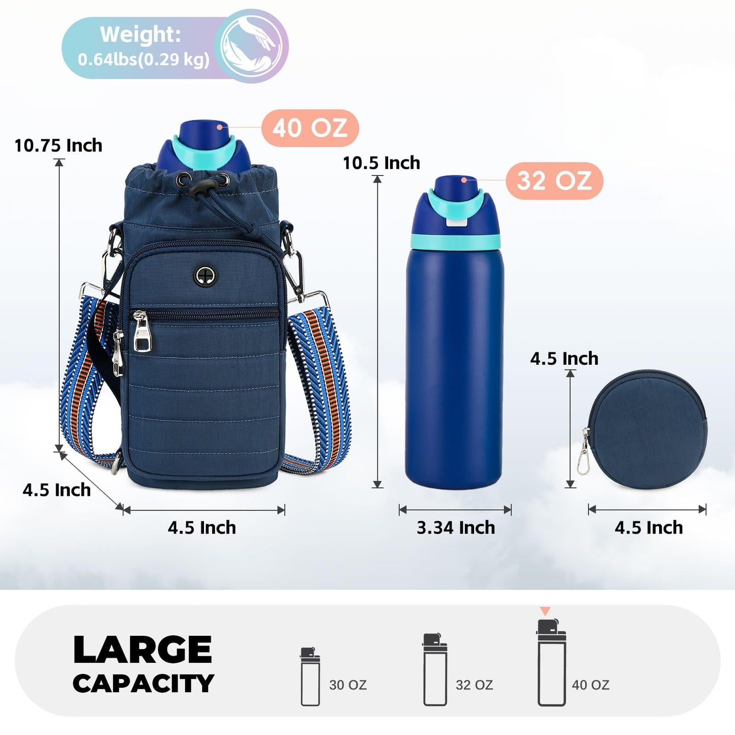 YIQUN Water Bottle Holder with Strap, Water Bottle Carrier Bag with Phone Pocket 32oz 40oz Insulated Water Bottle Holder for Walking, Hiking