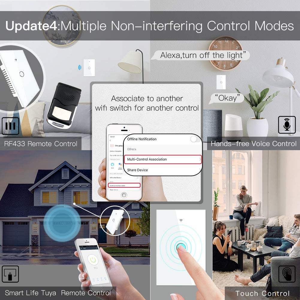 MoesGo WiFi Smart Wall Light Switch,Glass Panel, Multi-Control(3 Way), 2.4GHz Wi-Fi Touch Switches, Neutral Wire Required, Remote Control Smart Life/Tuya App, Work with Alexa, Google Home White 1 Gang