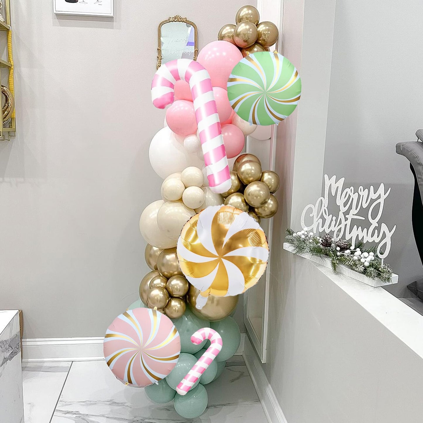 Christmas Balloons Garland Arch Kit, 125pcs Pastel Pink Green Balloon with Candy Cane Peppermint Foil Balloon for Christmas Theme New Year Xmas Holiday Birthday Party Decorations