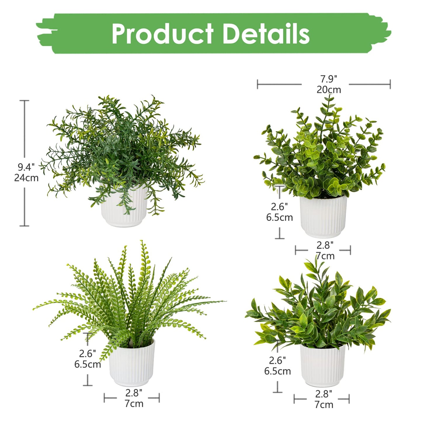 Hollyone 4 Pack Artificial Potted Plants Eucalyptus Rosemary Boston Fern ZZ Plant Fake Plant in Pot Small Faux Plant Greenery Aesthetic Indoor Home Decor Bathroom Bedroom Table Shelf Office