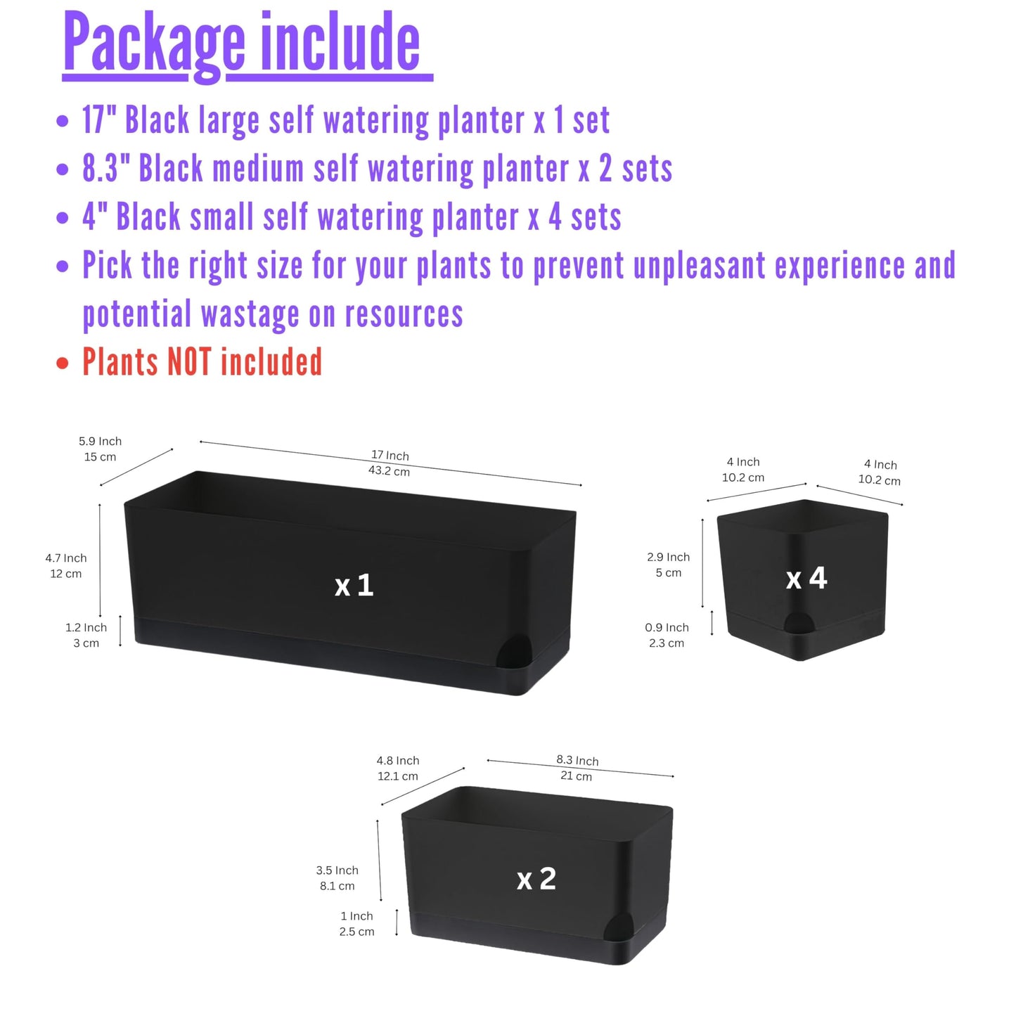 LaLaGreen Planters for Indoor Plants (7 Pack) Self-Watering System Black Window Box Planter, Rectangular Plastic Flower Boxes Herb Garden Long Windowsill Plant Pot with Drainage Modern Stylish Outdoor