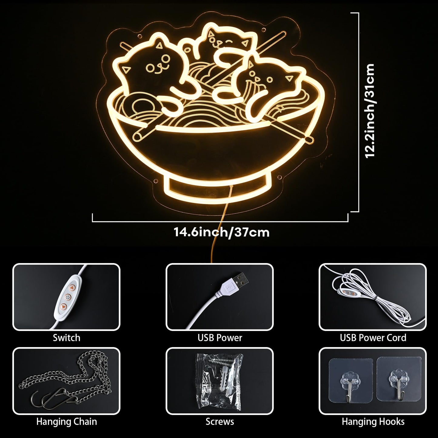 Ramen Neon Sign, Warm White Cat Noodles Led Sign for Baby Girls Room, Dimmable Noodle Cat Light Up Neon Signs for Wall Decor, Restaurant, Home, Bar, Kitchen, Dining, Bedroom, Art Decor
