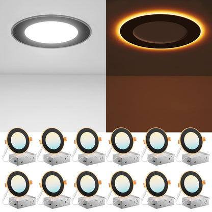Amico 12 Pack 6 Inch 5CCT LED Recessed Ceiling Light with Night Light, 2700K/3000K/3500K/4000K/5000K Selectable Ultra-Thin Lighting, 12W=110W, 1100LM, Dimmable Canless Wafer Downlight ETL&FCC