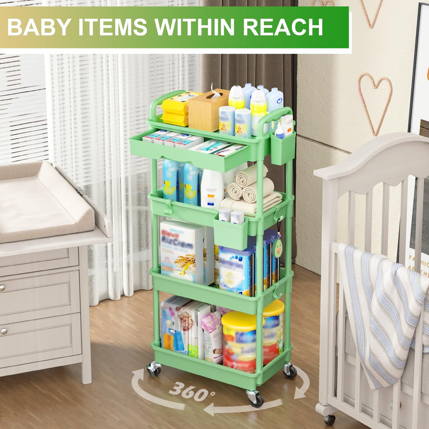 Goovilla 3 Tier Rolling Utility Cart Organizer with Removable Drawer, Stable and Sturdy Black Rolling Storage Carts with 2 Lockable Wheels for Bathroom, Kitchen, Snack, Craft, Makeup, Baby Essentials