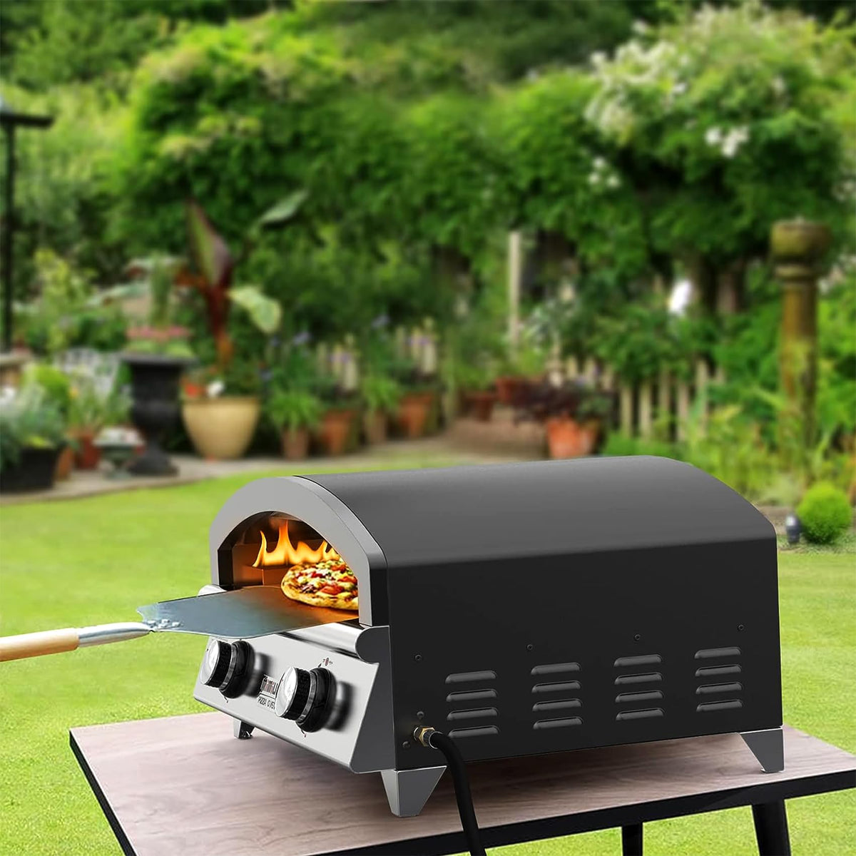Mimiuo 25 Inch Outdoor Gas Pizza Oven, Portable Propane Pizza Oven with Large Baking Stone - Make 2 Pizzas At Once - Multifunctional Stainless Steel Grilling Stove to Cook Steak Meat Seafood