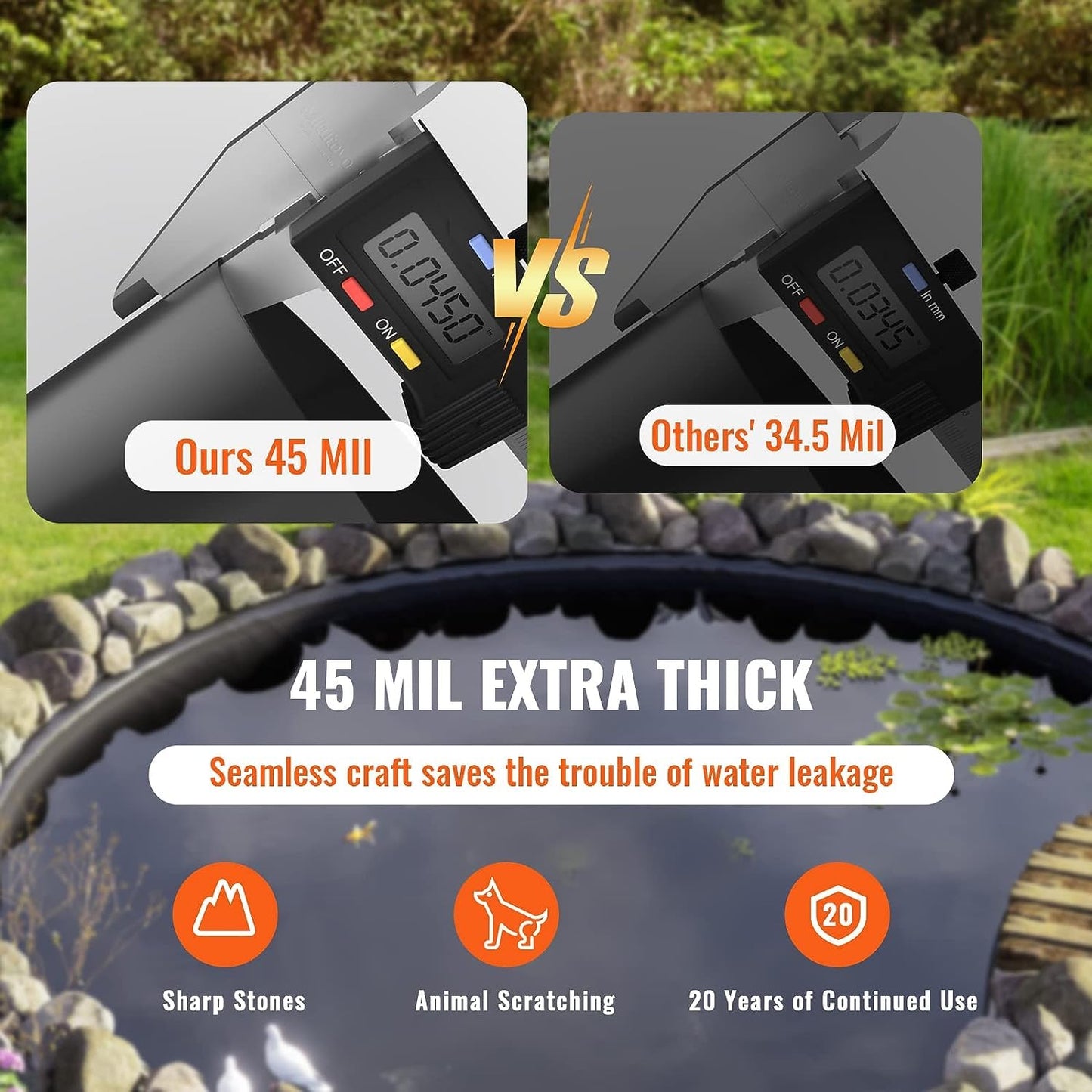 VEVOR 20 x 25 ft Pond Liner, 45 Mil Thickness, Pliable & Durable EPDM Material, Easy Cutting Underlayment for Fish or Koi,Waterfall, Fountains, Water Gardens, Black