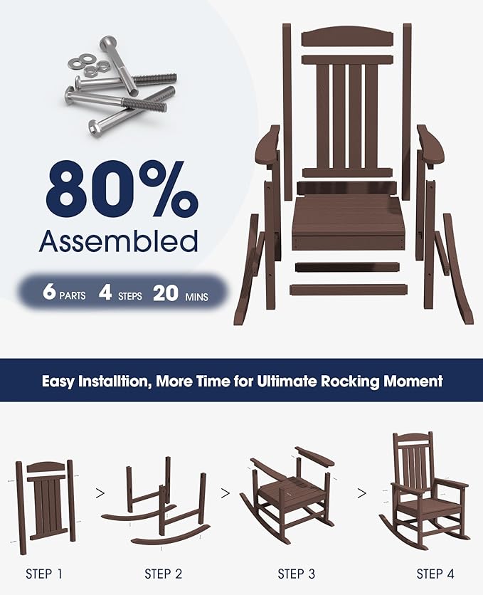 KINGYES HDPE Rocking Chairs Outdoor, Patio Rocking Chairs with 330lbs Support, Smooth Porch Rocker for Deck Lawn Yard, Coffee Brown
