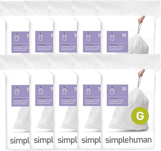simplehuman Code G 200 Count, Dispenser Pack Custom Fit Liners, Drawstring