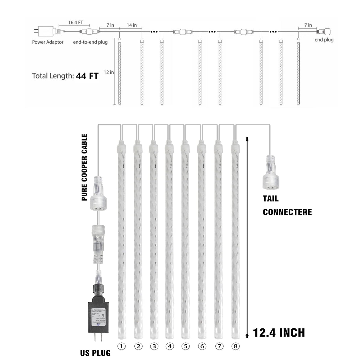 Dazzle Bright 864 LED Christmas Light, Meteor Shower Rain Lights 11.8 Inch 24 Tubes, Waterproof Plug in Falling Rain Lights Christmas Decorations for Xmas Bushes Tree Yard Party (White)