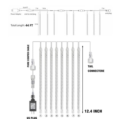 Dazzle Bright 864 LED Christmas Light, Meteor Shower Rain Lights 11.8 Inch 24 Tubes, Waterproof Plug in Falling Rain Lights Christmas Decorations for Xmas Bushes Tree Yard Party (White)
