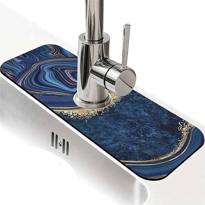 Kitchen Sink Splash Guard，Dark blue gold marble Faucet Mat Sink Gadgets-Super