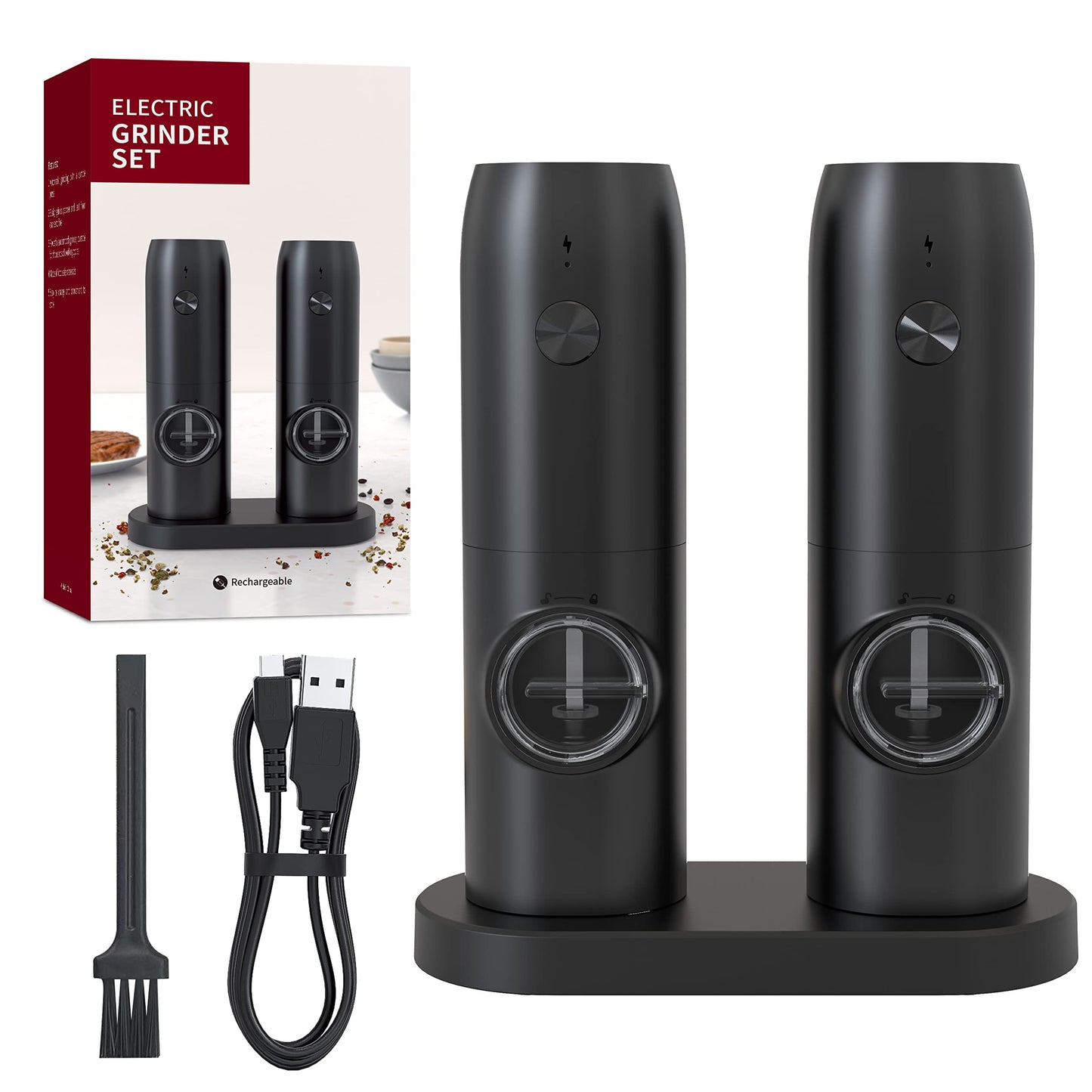 Electric Salt and Pepper Grinder Set with Dual Rechargeable Base, Automatic Salt and Pepper Shakers with LED Light, One-Handed Operation Adjustable Coarseness Pepper Mill, Gifts for Mom