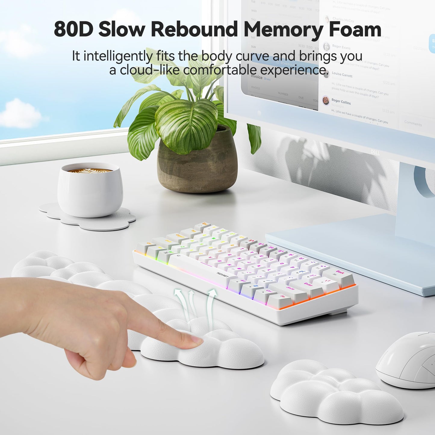 TECKNET Cloud Keyboard Wrist Rest Set, Cloud Wrist Rest with Non-Slip Base, PU Leather Wrist Pad for Keyboard with Ergonomic Memory Foam for Computer Laptop, Office, Gaming, White