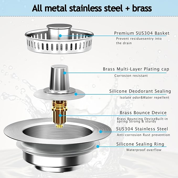 3-in-1 Kitchen Sink Drain Strainer & Stopper, Stainless Steel Food Catcher Plug