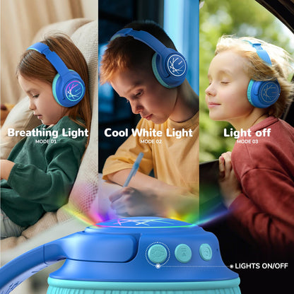 iClever Kids Wireless Headphones with LED Lights, BTH18 Safe Volume 74/85dBA, 43H Playtime, Stereo Sound, Type-C, AUX Cable, Bluetooth5.3 Over Ear Kids bluetooth Headphones for Tablet/Travel