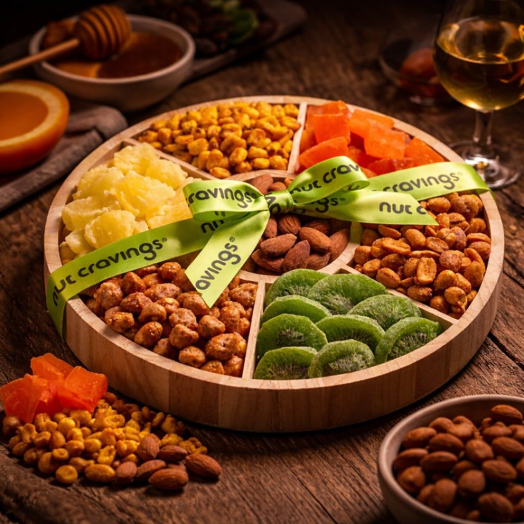 NUT CRAVINGS - Dried Fruit & Mixed Nuts Gift Basket in Reusable Round Wooden Tray + Ribbon (7 Assortments) Food Arrangement, Healthy Snack Care Package, Kosher Treats for Adults