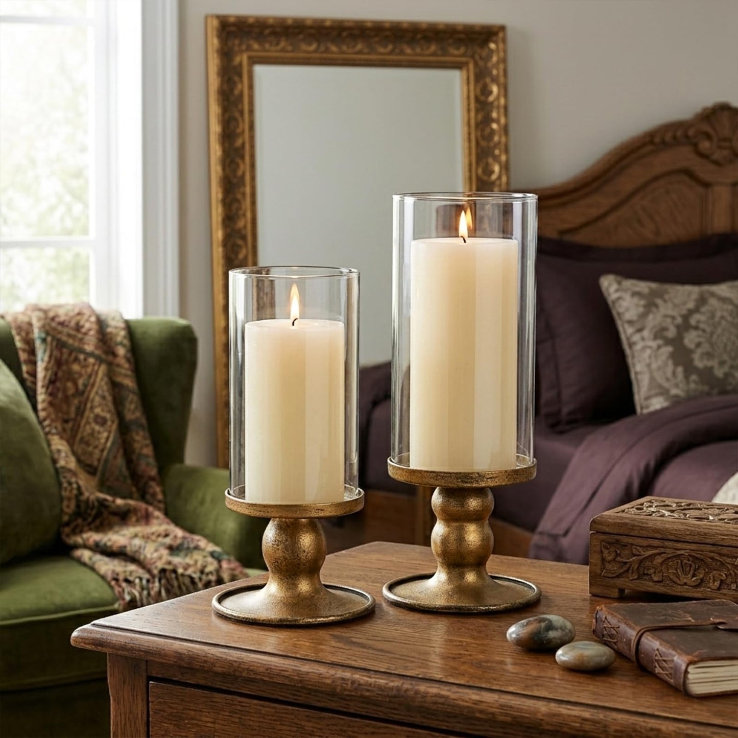 NITIME 2pcs Hurricane Candle Holder for Pillar Candles, Antique Brass Iron Candle Holders with Clear Glass Sleeve for Table Centerpieces, Pillar Candle Holders for Home, Wedding Decor