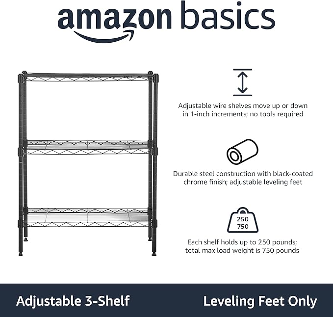 Amazon Basics 3-Shelf Adjustable Heavy Duty Steel Wire Rack Storage Shelving Organizer with Storage Space, Versatility and Ease of Use for Kitchen, Garage, 23.2" L x 13.4" W x 30" H, Black