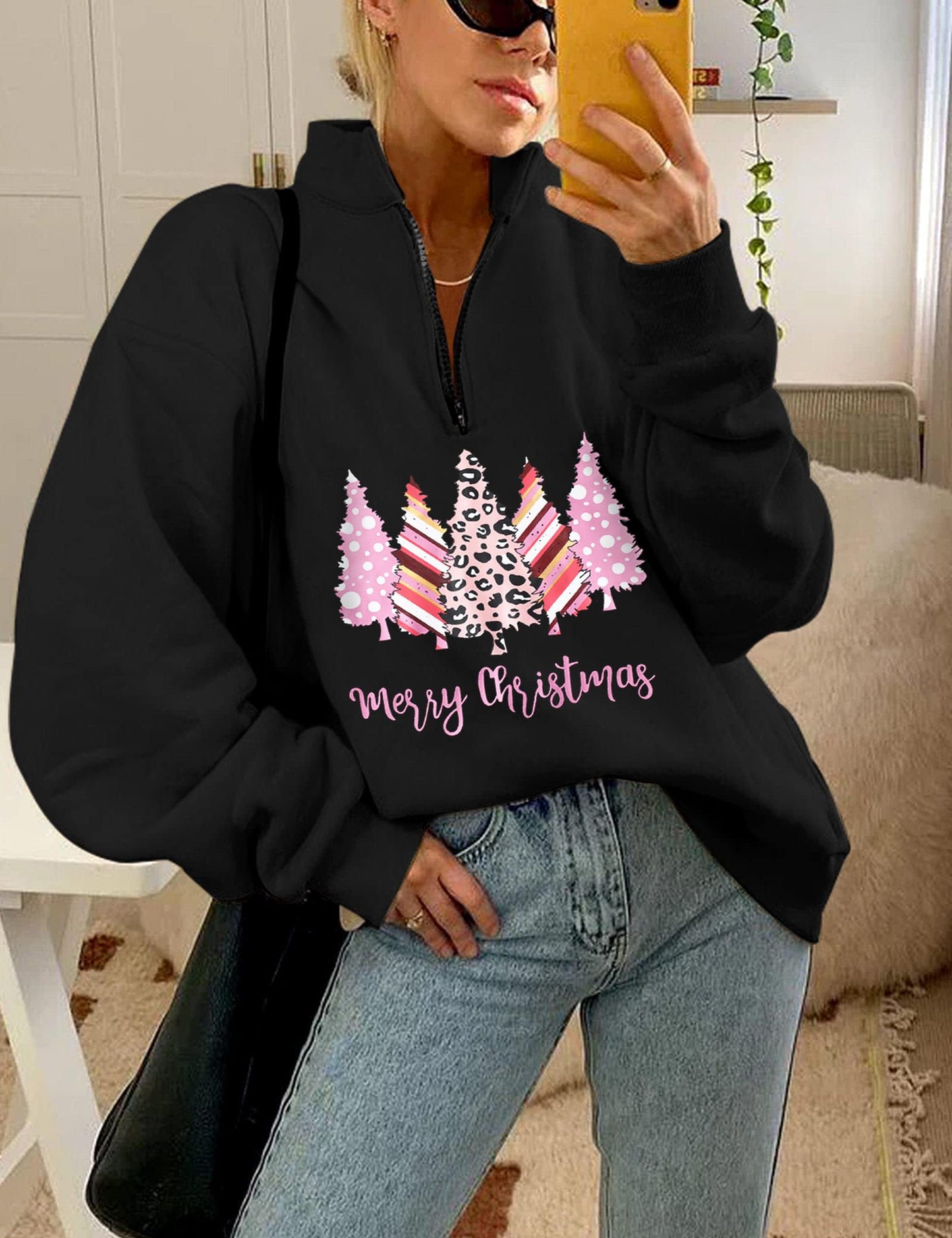 Christmas Sweatshirts for Women - Half Zip & Quarter Zip Pullover Oversized Long Sleeve Tops - Pink & Black Merry Christmas Trees V Neck Outfits - Teen Girls Fall Fashion Y2K Clothes