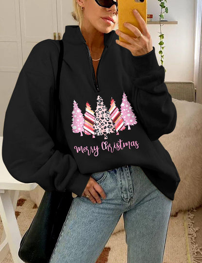Christmas Sweatshirts for Women - Half Zip & Quarter Zip Pullover Oversized Long Sleeve Tops - Pink & Black Merry Christmas Trees V Neck Outfits - Teen Girls Fall Fashion Y2K Clothes