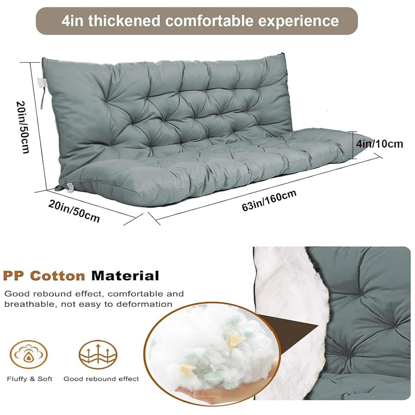 Outdoor Swing Cushions, 63inch Waterproof Three Seat Swing Replacement Cushions with Backrest and Ties, 4" Thicken Outdoor Porch Swing Cushions for Patio, Lawn and Garden (Light Gray, 40×63in)