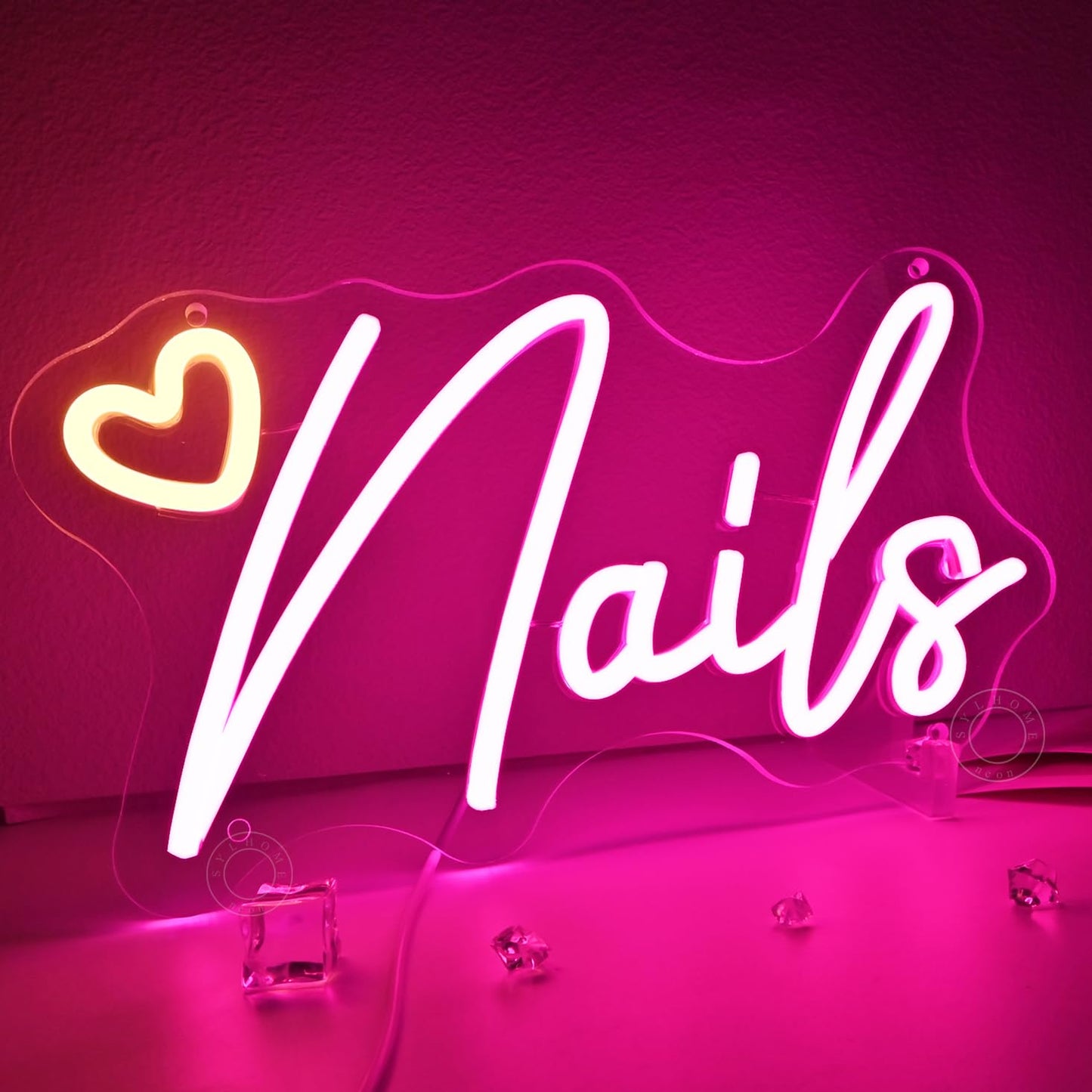 SYLHOME Led Neon Light Sign Nails With Heart Nail Studio Beauty Salon Business Makep Room Wall Sign Decor Birthday Party Backdrop 11.81" X 6.7" USB