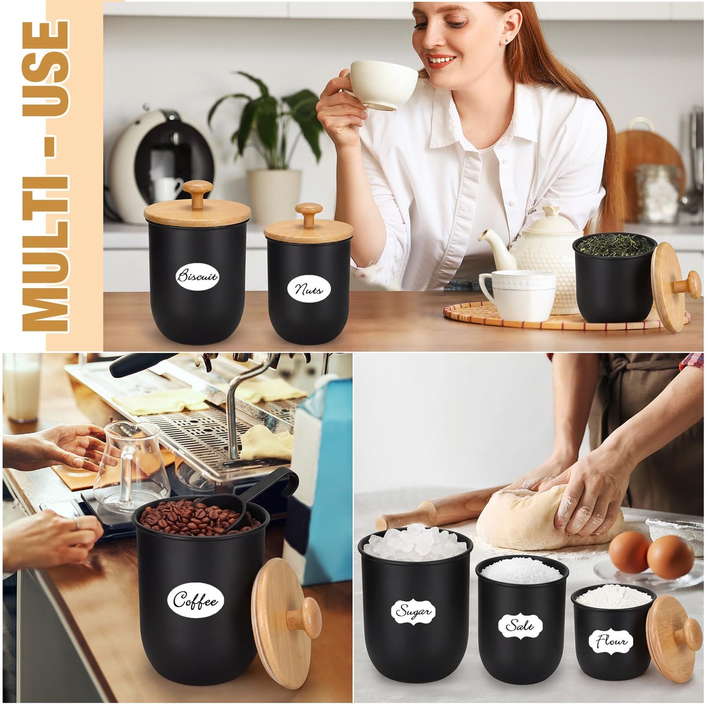 Remerry Metal Kitchen Canisters for Countertop Set of 3 Sugar Flour Canisters Set with Airtight Bamboo Lids Kitchen Jars with Spoon DIY Labels for Coffee, Tea, Spice, Sugar, Salt(Black)