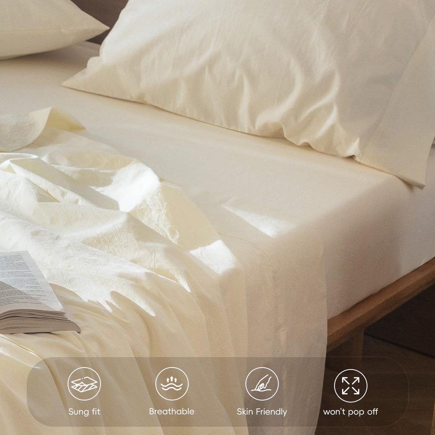 MooMee Fitted Bottom Sheet Only 100% Washed Cotton Linen Like Textured Breathable Durable Soft Comfy Deep Pocket Fits Mattress up to 17" (Cream White, King