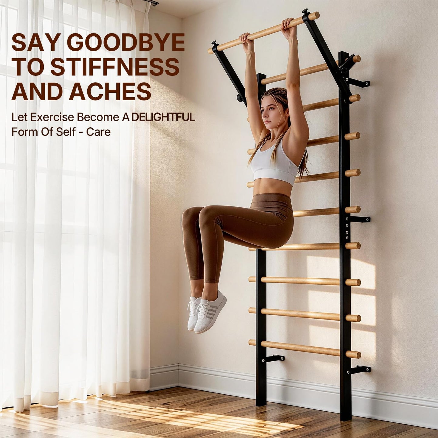 GMWD Swedish Ladder, Wood Stall Bar, Suspension Trainer with Pull-Up Bar and Dip Bar Attachments, Wooden Stall Bar with 9 Strategic Rods for Core Strengthening and Stretching Balanced