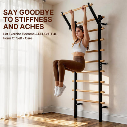 GMWD Swedish Ladder, Wood Stall Bar, Suspension Trainer with Pull-Up Bar and Dip Bar Attachments, Wooden Stall Bar with 9 Strategic Rods for Core Strengthening and Stretching Balanced