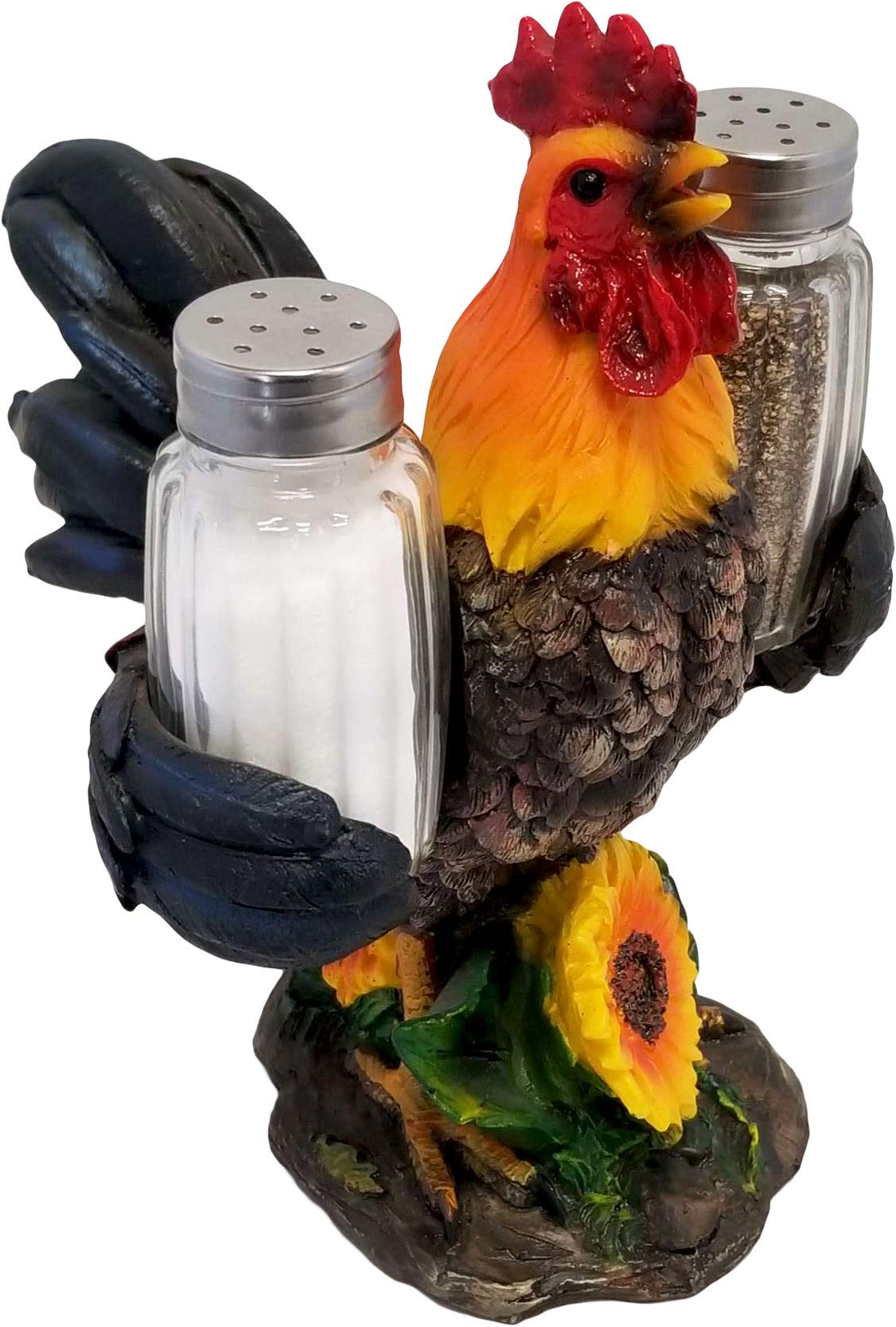 DWK 8-inch Spice to Crow About Country Rooster Salt and Pepper Shaker Figurine Display Holder Kitchen and Dining 3-Piece Set