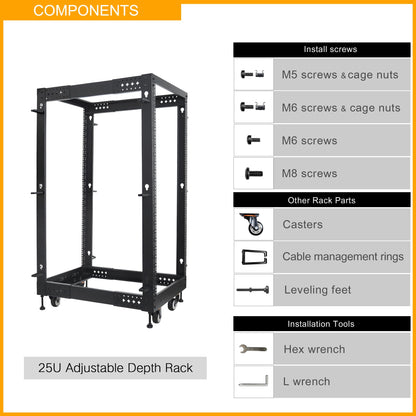 RIVECO 25U Server Rack Adjustable Depth Network 4 Post Cabinet Open Frame with Leveling Feet & Wheels Fully Rivets 1400 LBS
