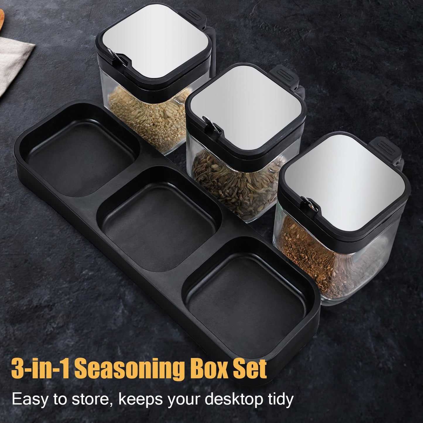 6Pcs Glass Condiment Container Spice Jar with Lids and Spoons, SHAIDOJIO 8.6oz Clear Condiment Canister Pot with Tray and Label, Seasoning Box Salt Container Sugar Bowl for Kitchen Home Table(2 Sets)