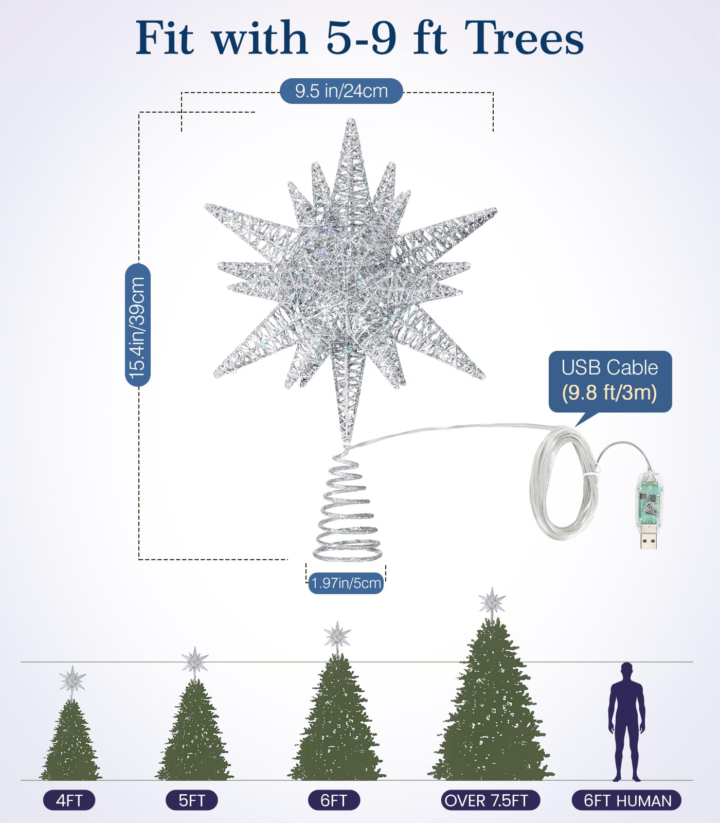 Luxspire Christmas Tree Topper, 3D Lighted Star Tree Topper with USB Plug-in & Remote Control, 9.6" Christmas Tree Star Lights for Home Holiday Decor, 6H Timer & 8 Lighting Modes, Silver