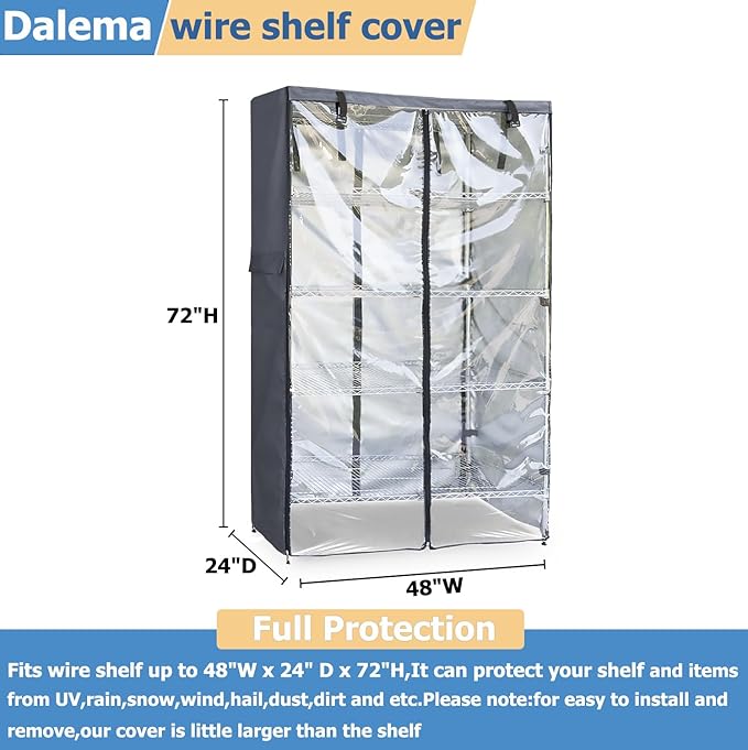 Waterproof Shelf Cover,600D Heavy Duty Dustproof Storage Wire Rack Covers,Outdoor Shelving Covers for Wire Shelves with Zipper 48''x24''x72'',Clear Front.