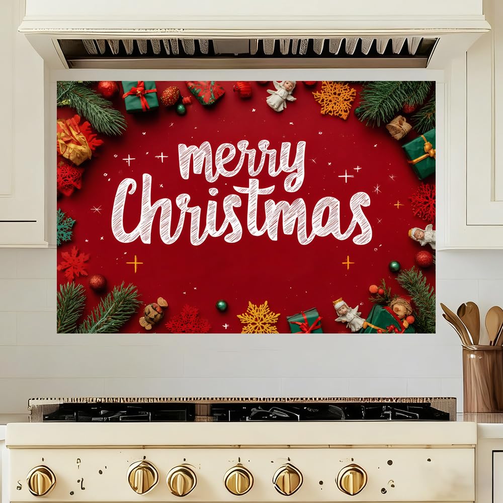 Kitchen Wall Decals 35.5x23.6 Inch Merry Christmas Lettering with Gifts Snowflakes and Pine Branches Peel and Stick Wall Stickers for Kitchen Living Room Holiday Home Decoration Removable