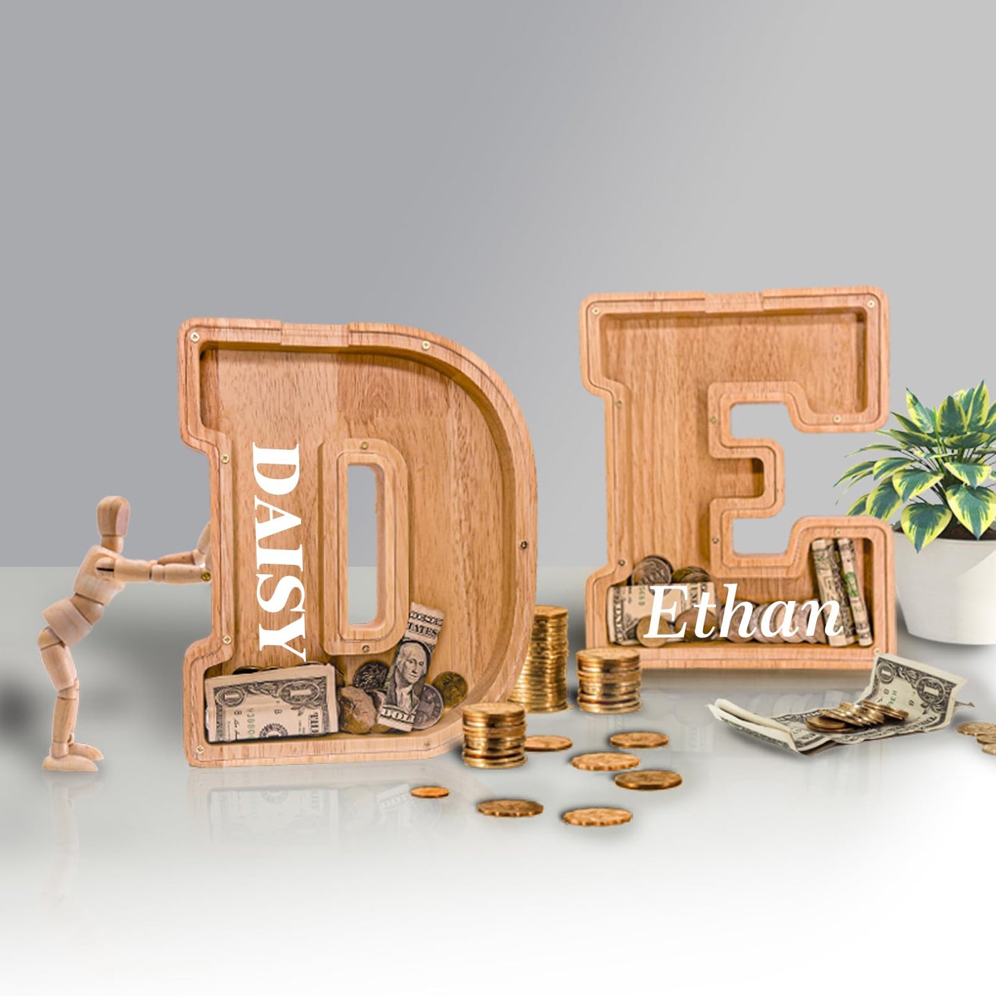 JOOMLAFLY Wooden Letter Piggy Bank for Kids - Personalized Initial Coin Bank for Boys and Girls
