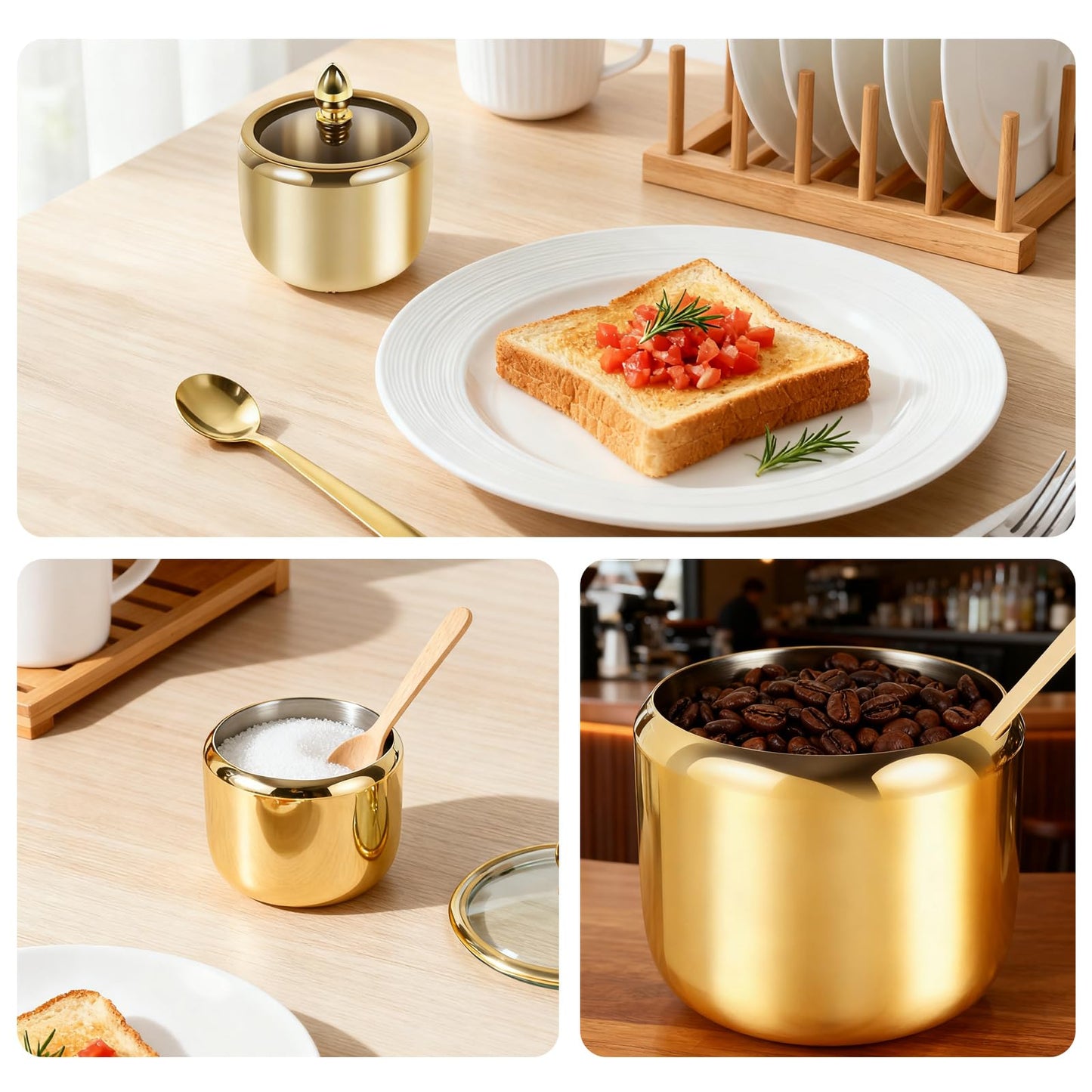 HPZIHYNAP 2 Pack Sugar Bowl with Lid and Spoon - 10oz Gold Stainless Steel Sugar Container, Coffee Bar Accessory for Kitchen & Home, Stores Salt & Candy