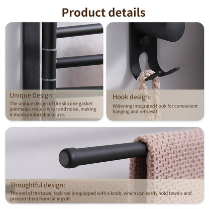 Swivel Towel Rack, 14" Thicken 304 Stainless Steel 6-Arm Adjustable Towel Bar,Wall Mounted Towel Holder with Hook, Space Saving for Kitchen, Bathroom, Outdoor (Black, 6 Arms)