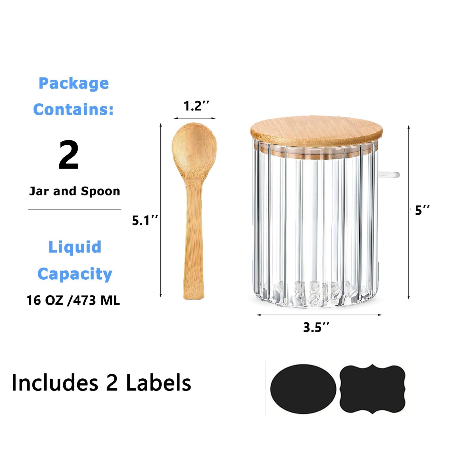Glass Jar Sugar Container with Bamboo Spoons Lids 16 oz Sugar Bowl Coffee Bar Food Storage Jar Cereal Nuts Salts Coffee Tea Flour Sugar Container Spice（2Pack）