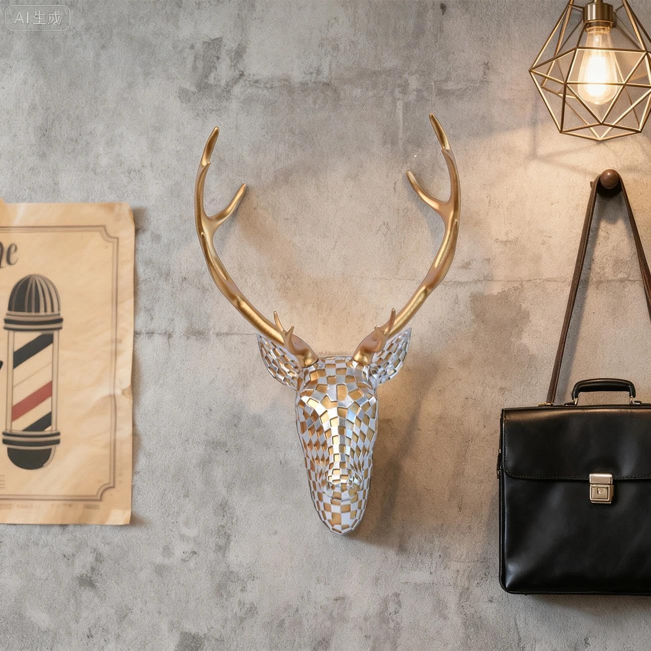 GIGICICI Mosaic Deer Head Wall Decor 15.7x8.7 Inch, Artistic Faux Resin Animal Head Wall Sculpture Hanging for Living Room Bedroom Kitchen Office, Gold-Silver Gift