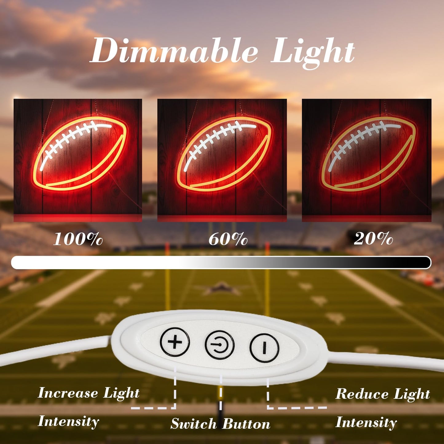 Football Neon Sign for Wall Decor, Dimmable LED Light for Bedroom Sports Room Decor, Football Gifts for Boys 8-12, 12 x 7.9 Inches