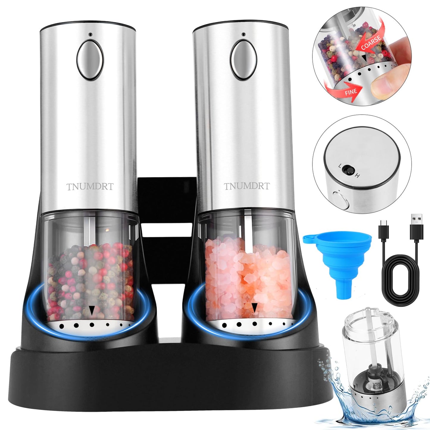 Electric Salt and Pepper Grinder Set Stainless steel,Large Capacity Automatic Pepper Mill Grinder with Upgraded Rechargeable Base and LED Light, Variable Grinding Speed, External Adjustable Coarseness