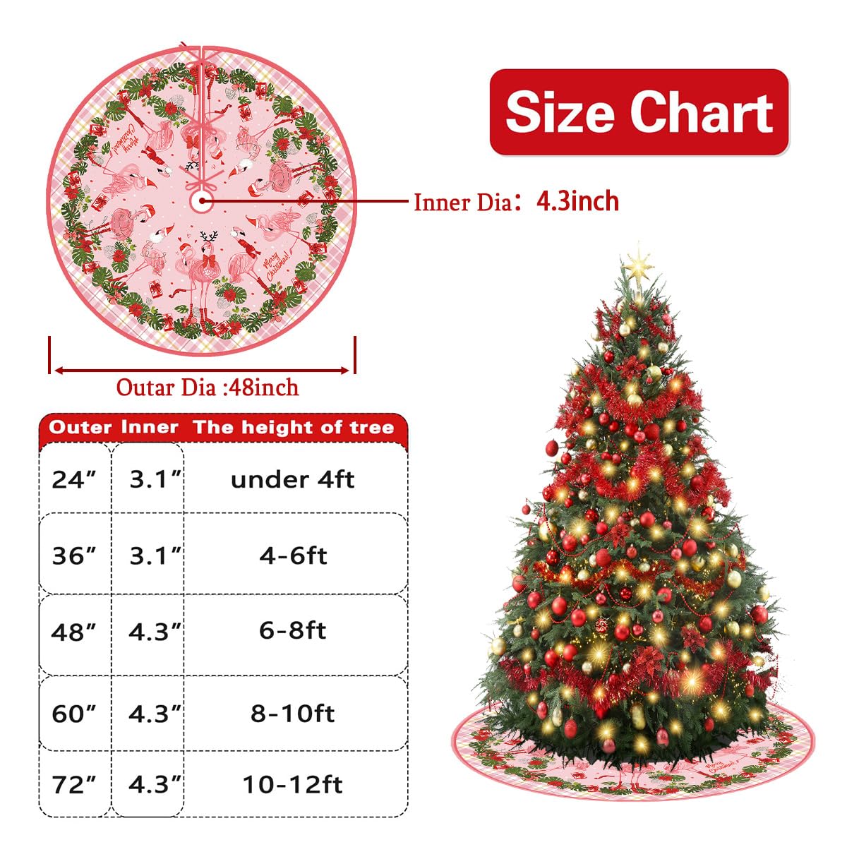 Flamingo Christmas Tree Skirt 48 Inch Beach Christmas Tree Collar Tropical Coastal Hawaliian Christmas Tree Decor Flamingo New Year Xmas Decor Christmas Decorations for Home Party