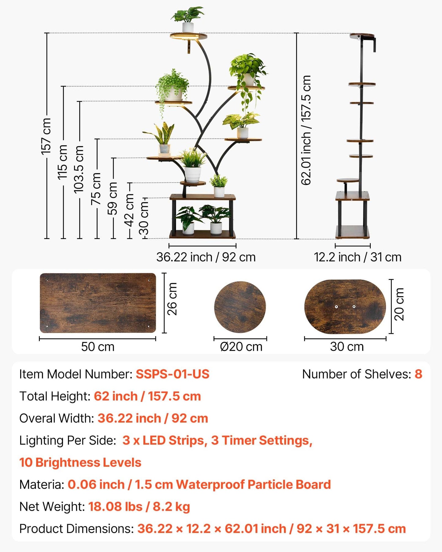 VEVOR Plant Stand Indoor with Grow Lights, 62 in Tall 8-Tier Lighted Plant Shelf, Metal Corner Plants Holder, 3 Timer & 10 Brightness, Tree-Shaped Flower Display Rack for Living Room Balcony Decor